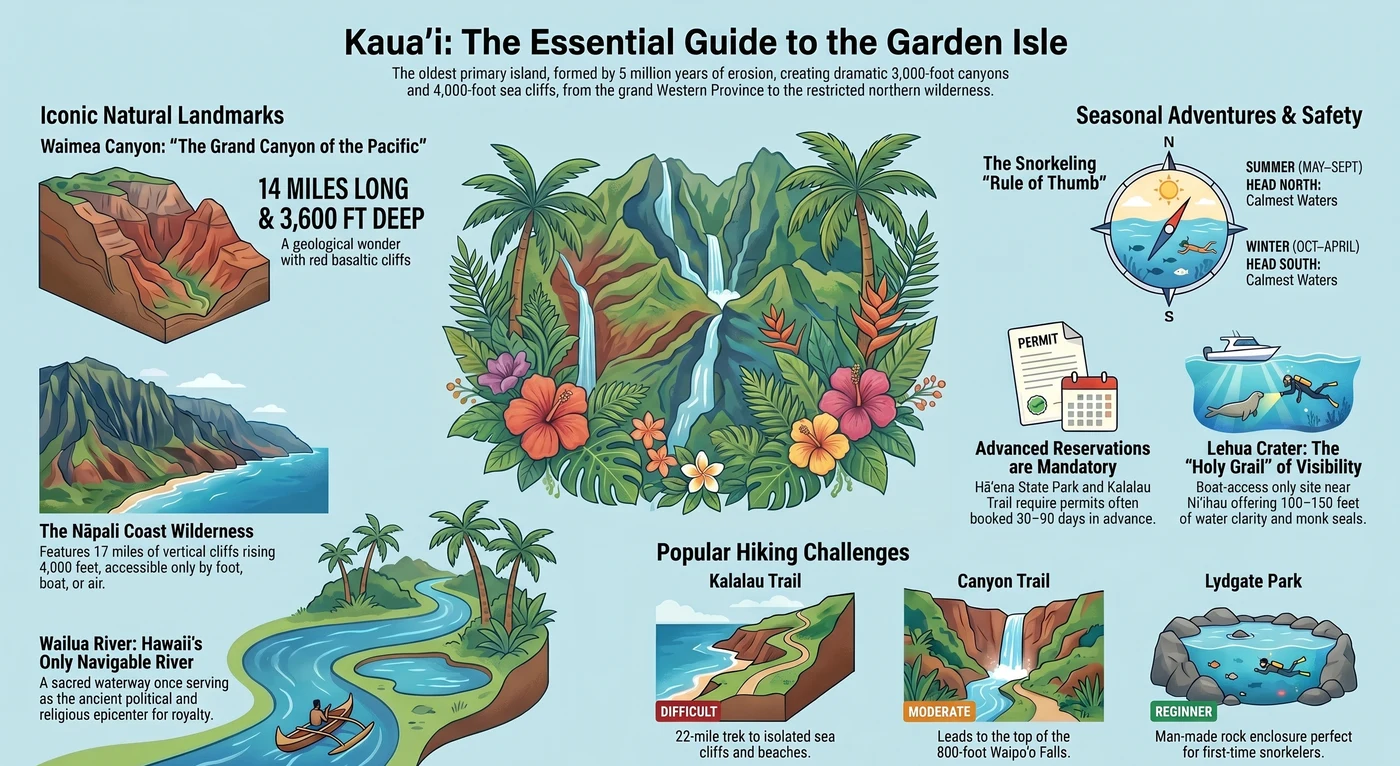 Kauai essential guide infographic showing natural landmarks including Na Pali Coast wilderness, Waimea Canyon, Wailua River, seasonal snorkeling tips, and popular hiking trails including Kalalau